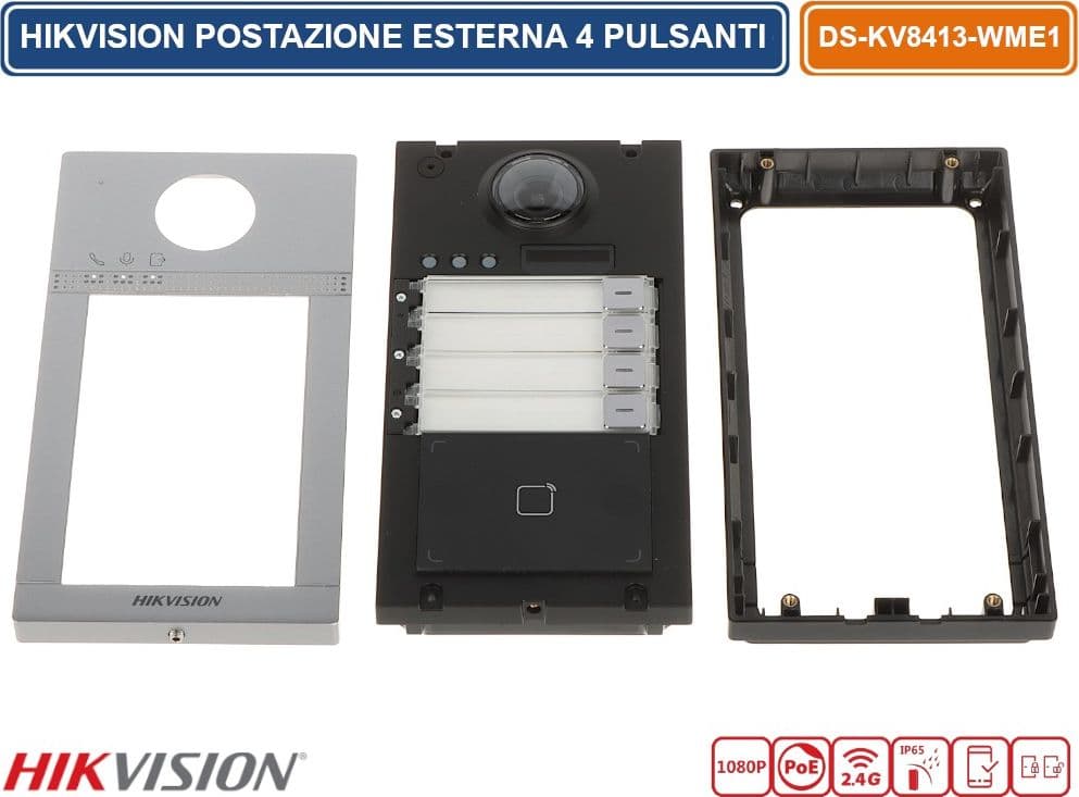 HIKVISION DS-KV8413-WME1(B) POSTAZIONE ESTERNA 4 PULSANTI VIDEOCITOFONO WIFI / IP CON TELECAMERE HD 2.0MPX E LETTORE DI PROSSIMITÀ MIFARE CARD STANDARD POE/12V DC IP65 IK08 - 4