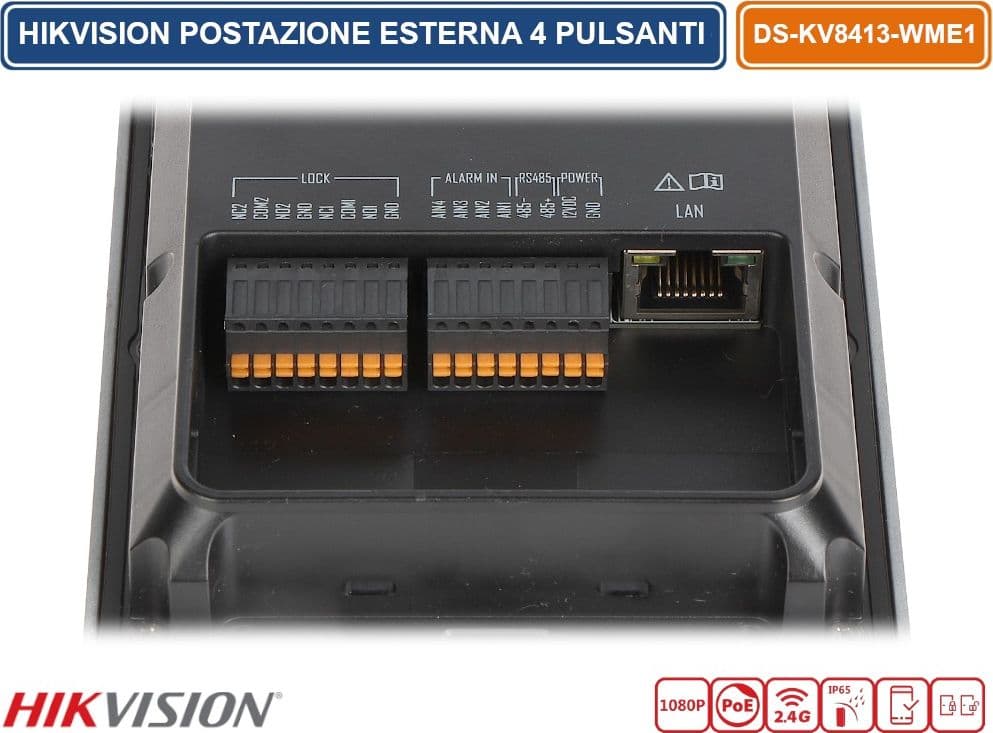 HIKVISION DS-KV8413-WME1(B) POSTAZIONE ESTERNA 4 PULSANTI VIDEOCITOFONO WIFI / IP CON TELECAMERE HD 2.0MPX E LETTORE DI PROSSIMITÀ MIFARE CARD STANDARD POE/12V DC IP65 IK08 - 5