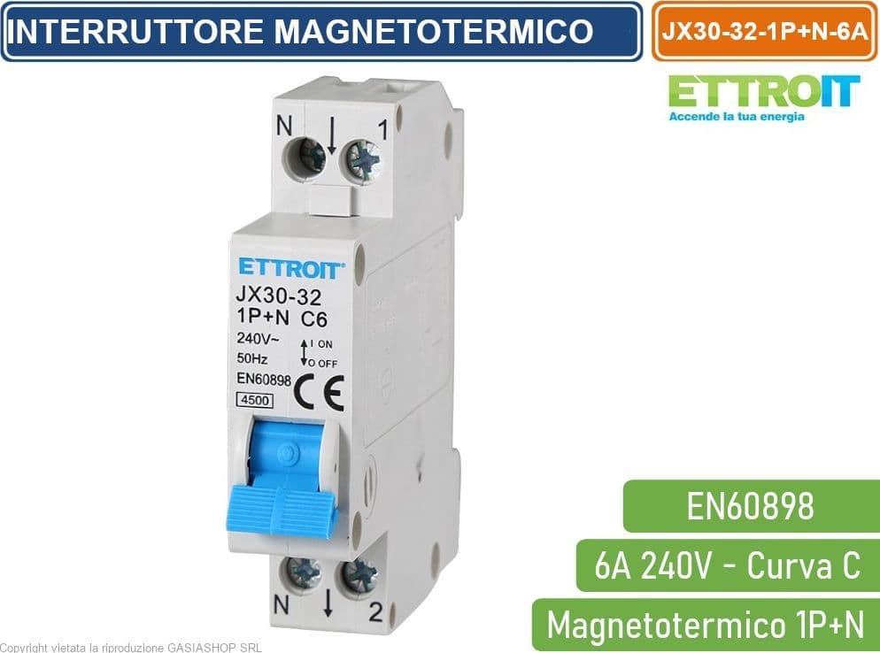 ETTROIT INTERRUTTORE MEGNETOTERMICO PER BARRA DIN 1 MODULO 1P+N 240V CURVA C 4.5KA 6A - 4