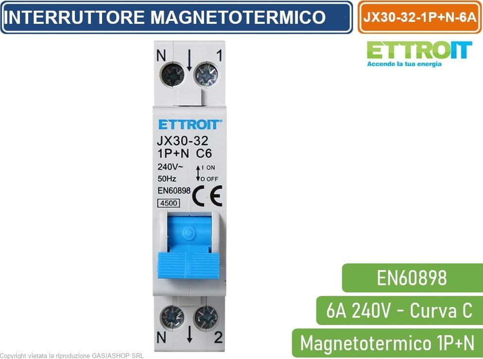 ETTROIT INTERRUTTORE MEGNETOTERMICO PER BARRA DIN 1 MODULO 1P+N 240V CURVA C 4.5KA 6A - 2