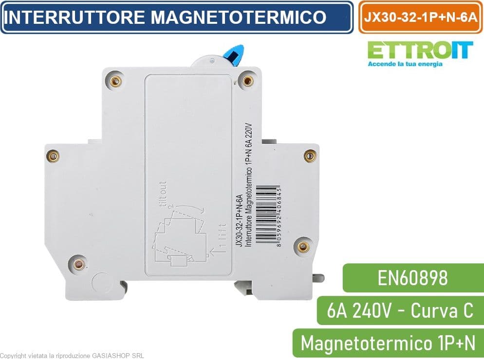 ETTROIT INTERRUTTORE MEGNETOTERMICO PER BARRA DIN 1 MODULO 1P+N 240V CURVA C 4.5KA 6A - 3
