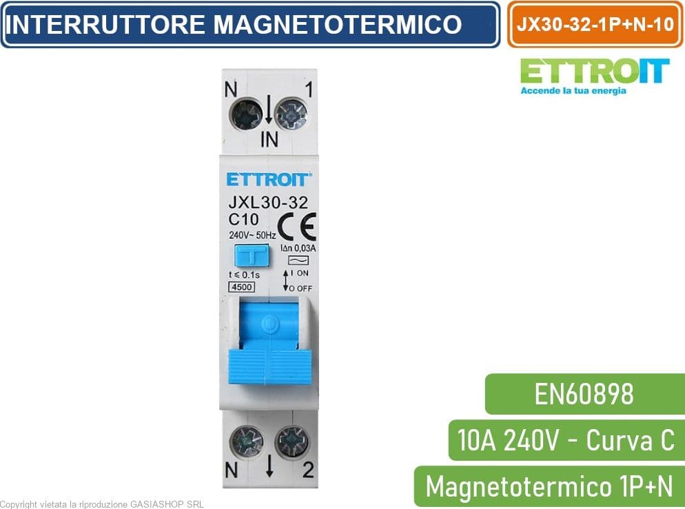 ETTROIT INTERRUTTORE MEGNETOTERMICO PER BARRA DIN 1 MODULO 1P+N 240V CURVA C 4.5KA 10A - 2