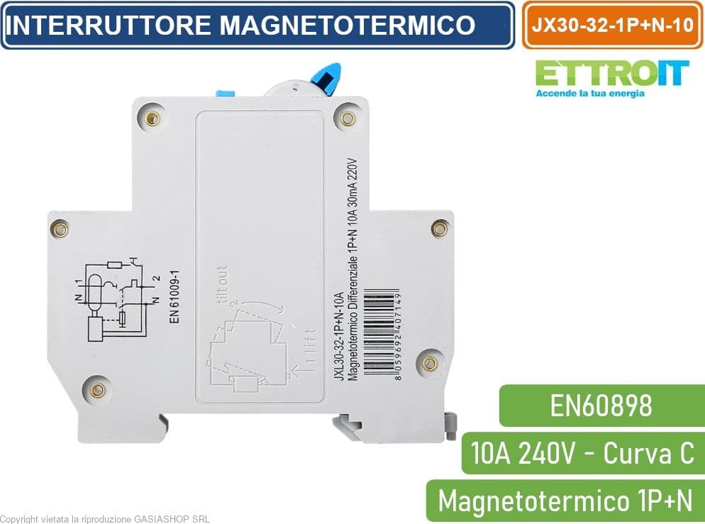 ETTROIT INTERRUTTORE MEGNETOTERMICO PER BARRA DIN 1 MODULO 1P+N 240V CURVA C 4.5KA 10A - 3