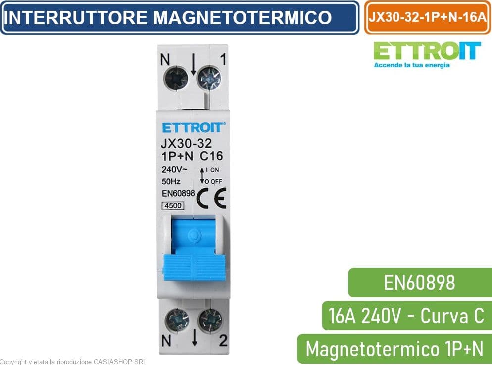 ETTROIT INTERRUTTORE MEGNETOTERMICO PER BARRA DIN 1 MODULO 1P+N 240V CURVA C 4.5KA 16A - 2