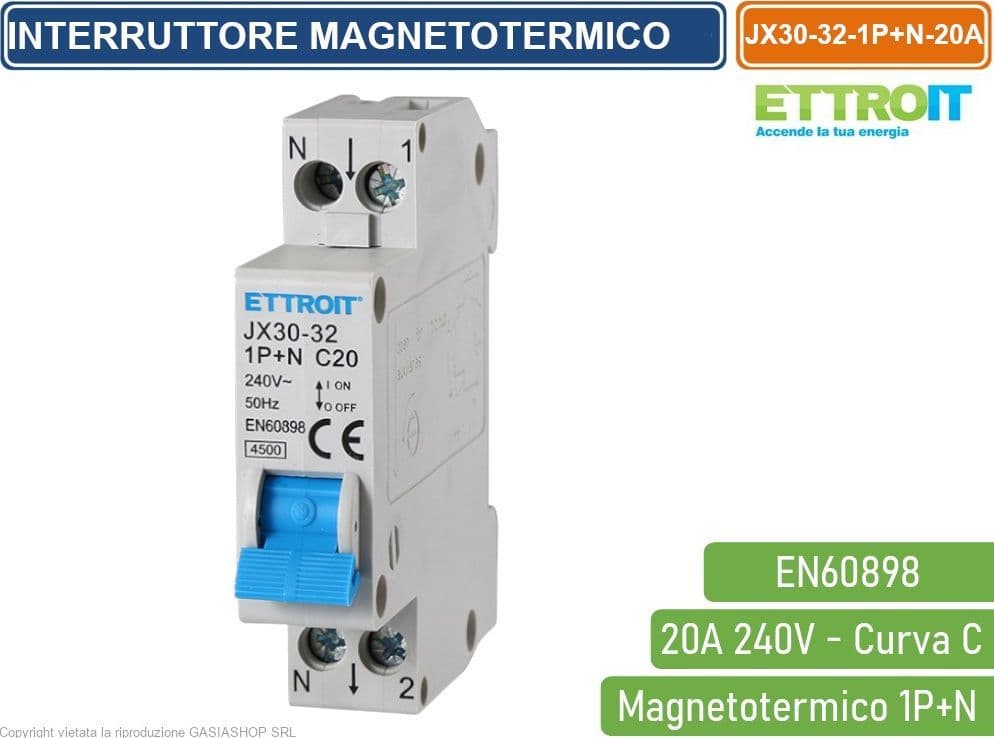 ETTROIT INTERRUTTORE MEGNETOTERMICO PER BARRA DIN 1 MODULO 1P+N 240V CURVA C 4.5KA 20A - 4