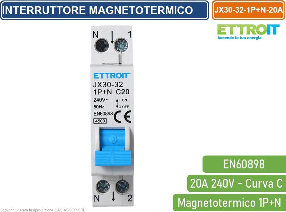 ETTROIT INTERRUTTORE MEGNETOTERMICO PER BARRA DIN 1 MODULO 1P+N 240V CURVA C 4.5KA 20A - 2