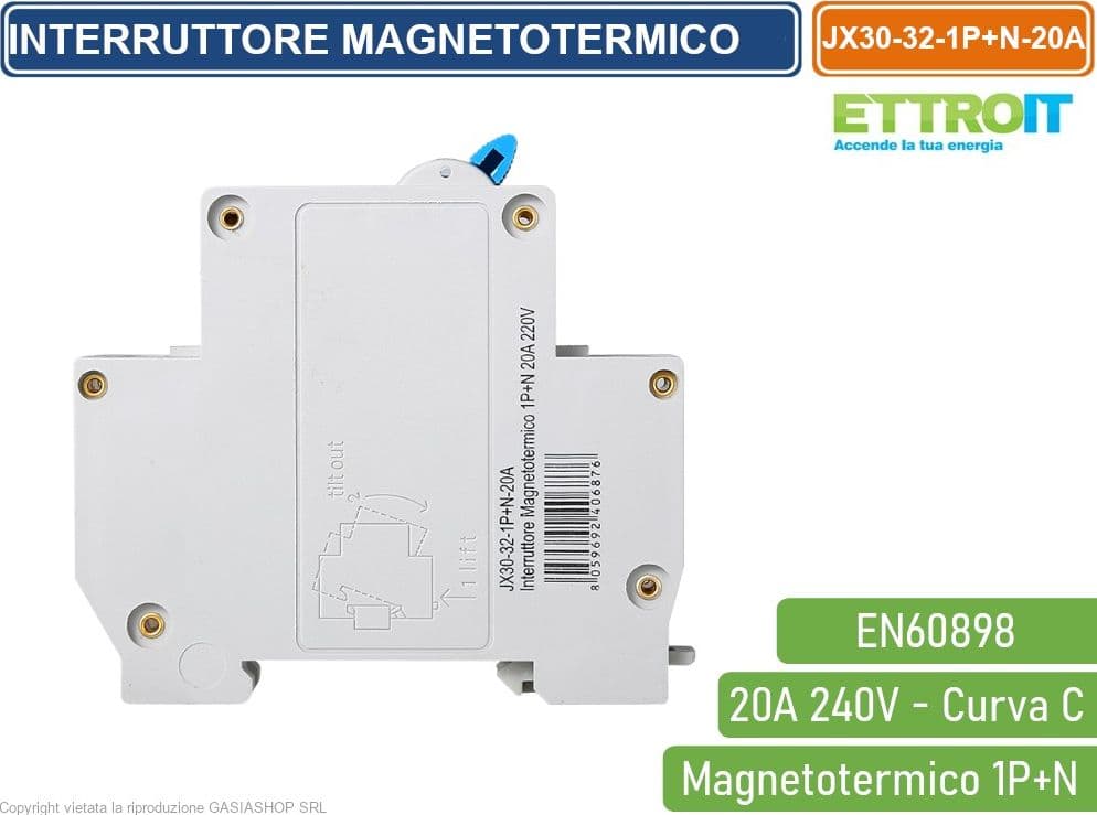 ETTROIT INTERRUTTORE MEGNETOTERMICO PER BARRA DIN 1 MODULO 1P+N 240V CURVA C 4.5KA 20A - 3