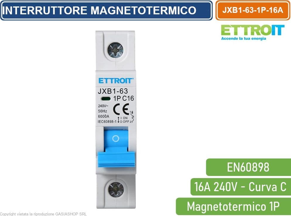 ETTROIT INTERRUTTORE MEGNETOTERMICO PER BARRA DIN 1 MODULO 1P 240V CURVA C 6KA 16A - 2