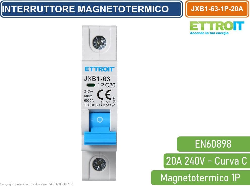 ETTROIT INTERRUTTORE MEGNETOTERMICO PER BARRA DIN 1 MODULO 1P 240V CURVA C 6KA 20A - 2