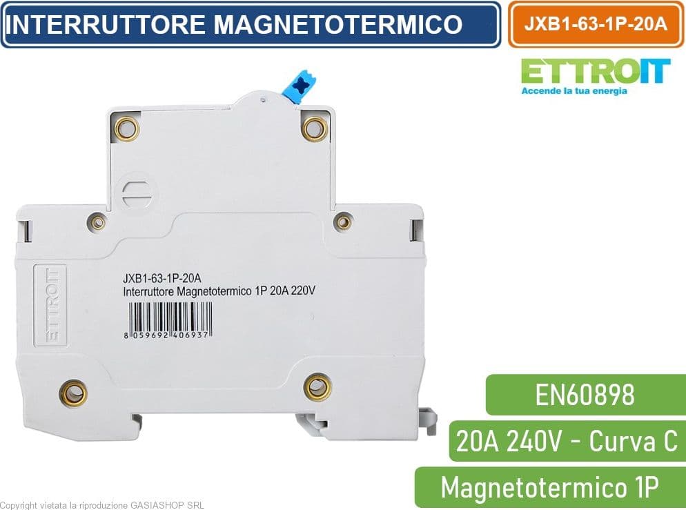 ETTROIT INTERRUTTORE MEGNETOTERMICO PER BARRA DIN 1 MODULO 1P 240V CURVA C 6KA 20A - 3