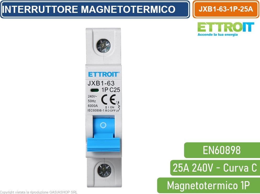 ETTROIT INTERRUTTORE MEGNETOTERMICO PER BARRA DIN 1 MODULO 1P 240V CURVA C 6KA 25A - 2