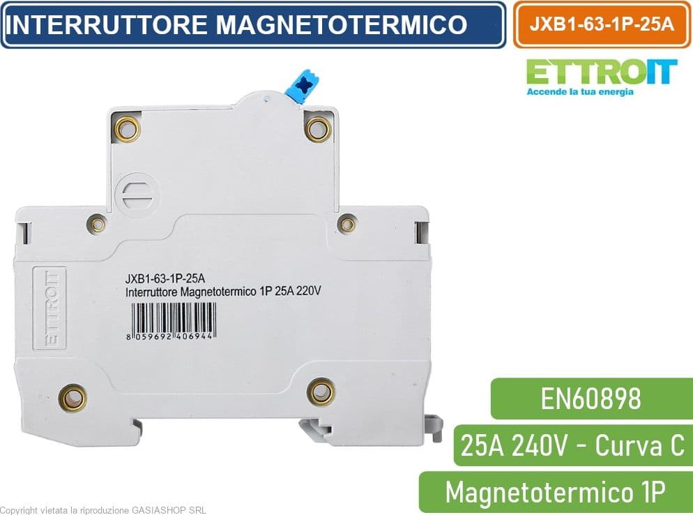 ETTROIT INTERRUTTORE MEGNETOTERMICO PER BARRA DIN 1 MODULO 1P 240V CURVA C 6KA 25A - 3