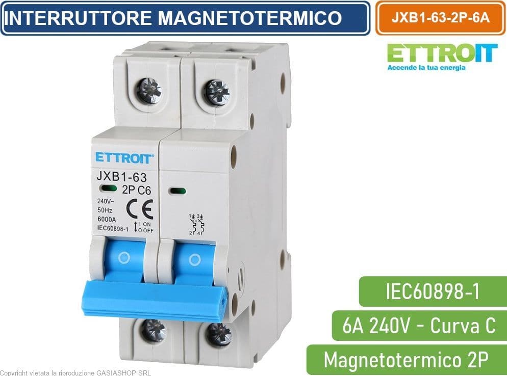 ETTROIT INTERRUTTORE MEGNETOTERMICO PER BARRA DIN 2 MODULI 2P 240V CURVA C 6KA 6A - 4