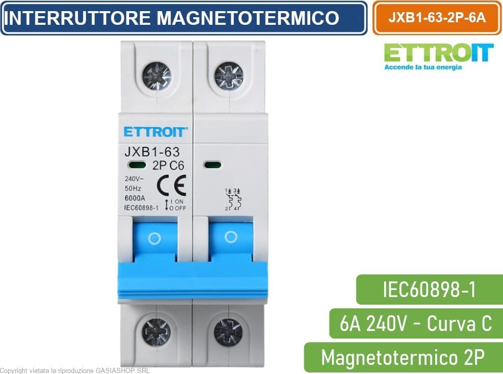 ETTROIT INTERRUTTORE MEGNETOTERMICO PER BARRA DIN 2 MODULI 2P 240V CURVA C 6KA 6A - 2