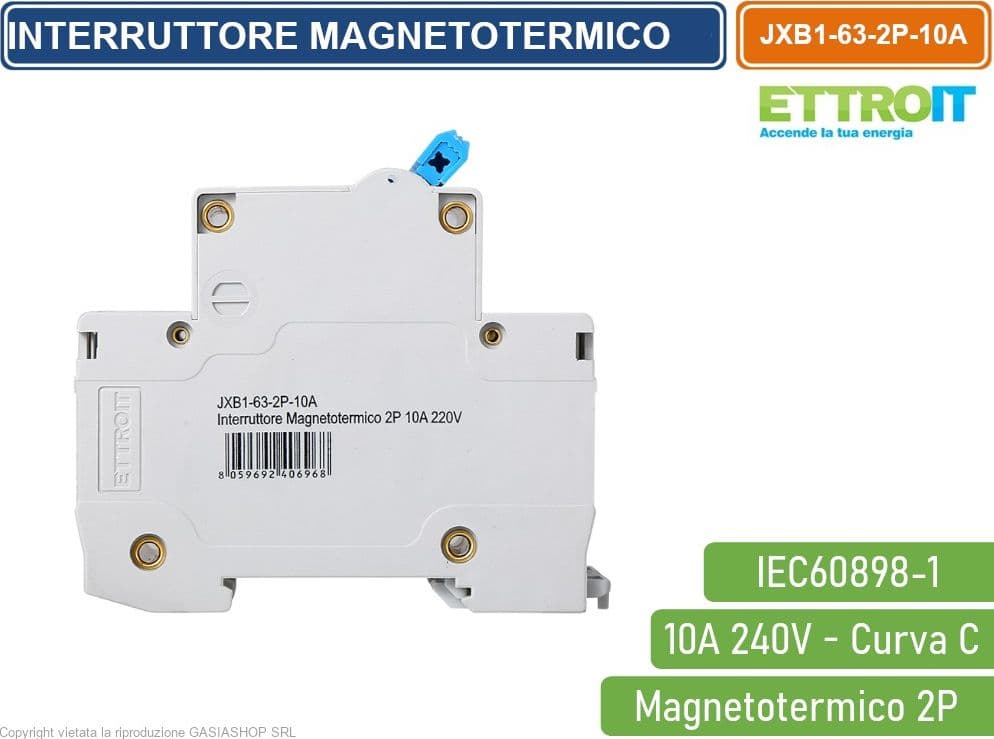 ETTROIT INTERRUTTORE MEGNETOTERMICO PER BARRA DIN 2 MODULI 2P 240V CURVA C 6KA 10A - 3