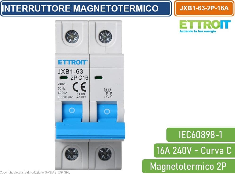 ETTROIT INTERRUTTORE MEGNETOTERMICO PER BARRA DIN 2 MODULI 2P 240V CURVA C 6KA 16A - 2