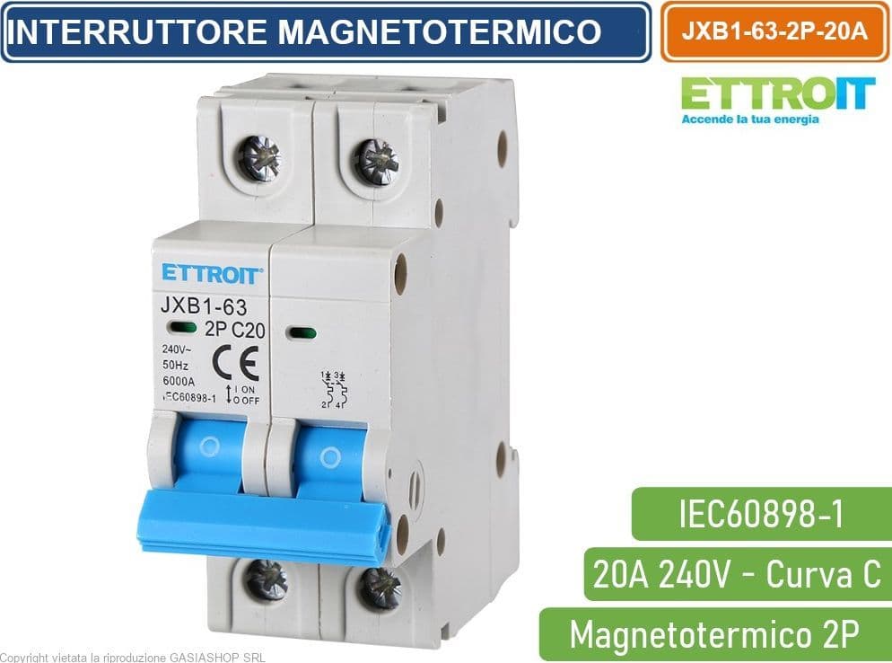 ETTROIT INTERRUTTORE MEGNETOTERMICO PER BARRA DIN 2 MODULI 2P 240V CURVA C 6KA 20A - 4