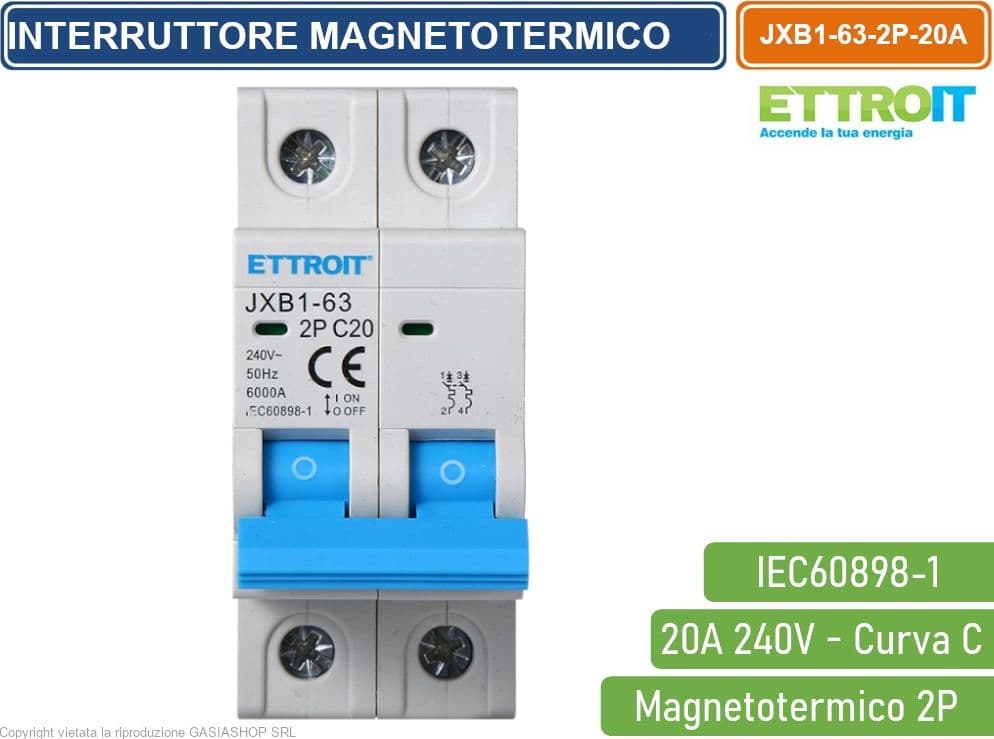 ETTROIT INTERRUTTORE MEGNETOTERMICO PER BARRA DIN 2 MODULI 2P 240V CURVA C 6KA 20A - 2