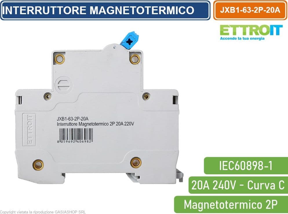 ETTROIT INTERRUTTORE MEGNETOTERMICO PER BARRA DIN 2 MODULI 2P 240V CURVA C 6KA 20A - 3