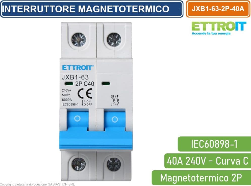 ETTROIT INTERRUTTORE MEGNETOTERMICO PER BARRA DIN 2 MODULI 2P 240V CURVA C 6KA 40A - 2