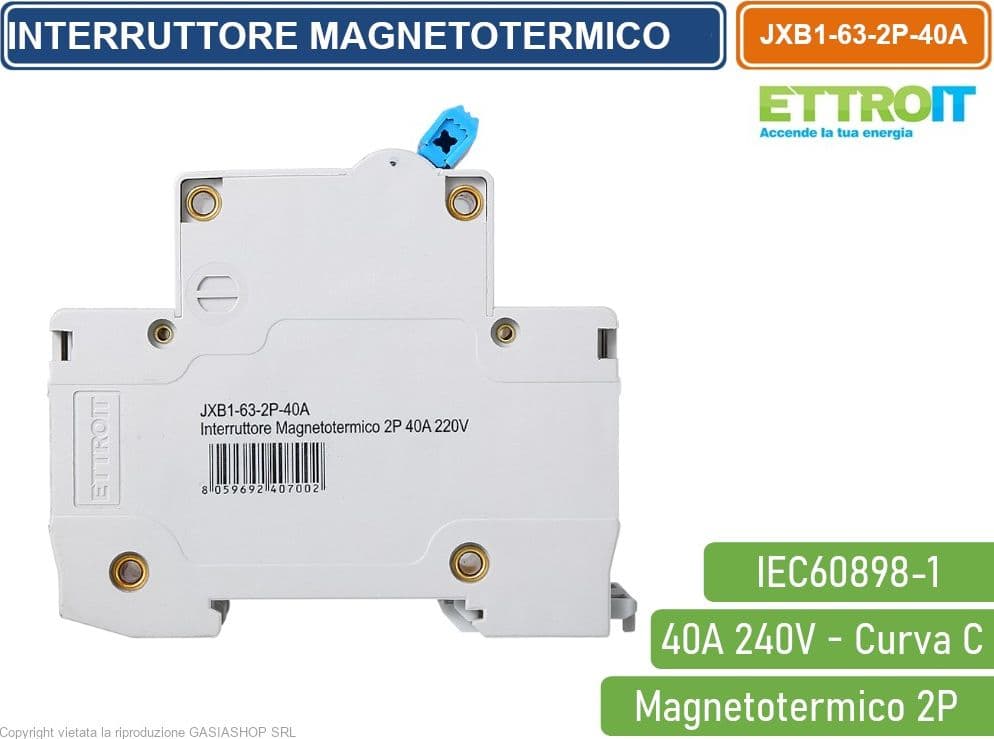 ETTROIT INTERRUTTORE MEGNETOTERMICO PER BARRA DIN 2 MODULI 2P 240V CURVA C 6KA 40A - 3
