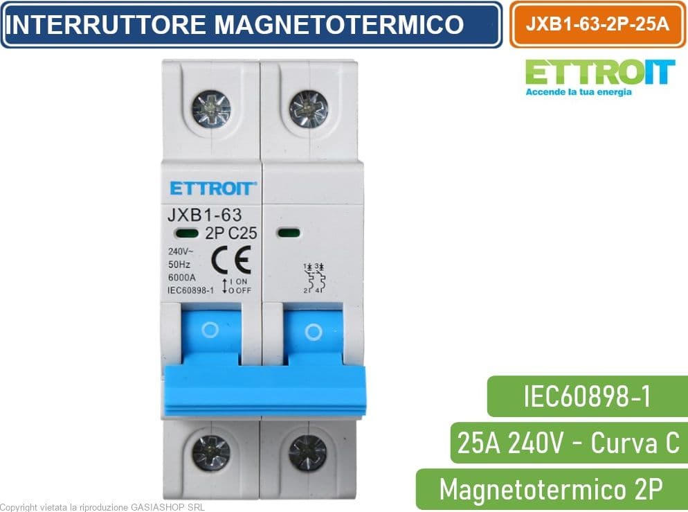 ETTROIT INTERRUTTORE MEGNETOTERMICO PER BARRA DIN 2 MODULI 2P 240V CURVA C 6KA 25A - 2