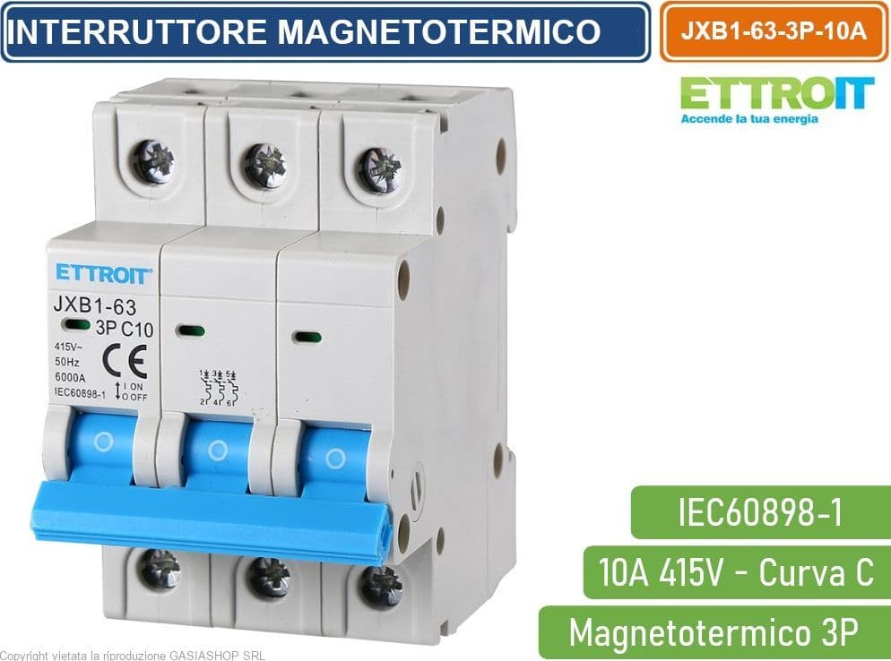 ETTROIT INTERRUTTORE MEGNETOTERMICO PER BARRA DIN 3 MODULI 3P 415V CURVA C 6KA 10A - 4