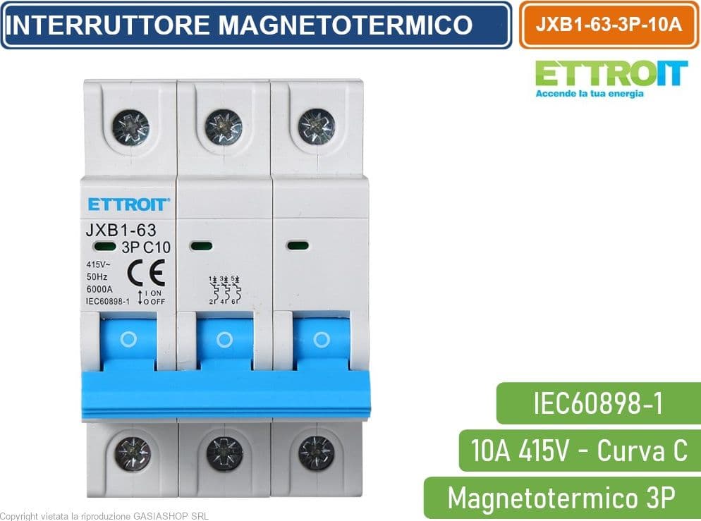 ETTROIT INTERRUTTORE MEGNETOTERMICO PER BARRA DIN 3 MODULI 3P 415V CURVA C 6KA 10A - 2