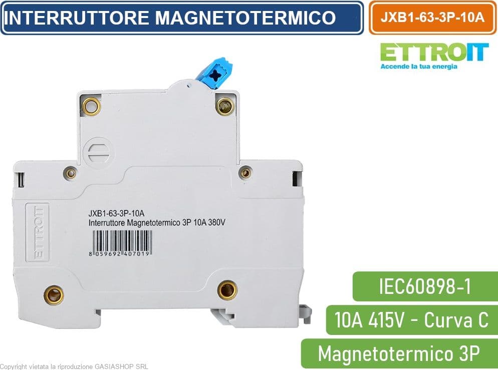 ETTROIT INTERRUTTORE MEGNETOTERMICO PER BARRA DIN 3 MODULI 3P 415V CURVA C 6KA 10A - 3
