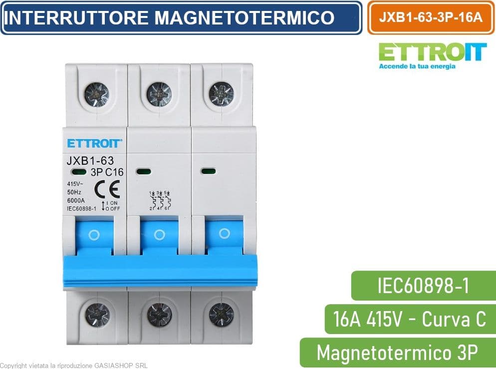 ETTROIT INTERRUTTORE MEGNETOTERMICO PER BARRA DIN 3 MODULI 3P 415V CURVA C 6KA 16A - 2