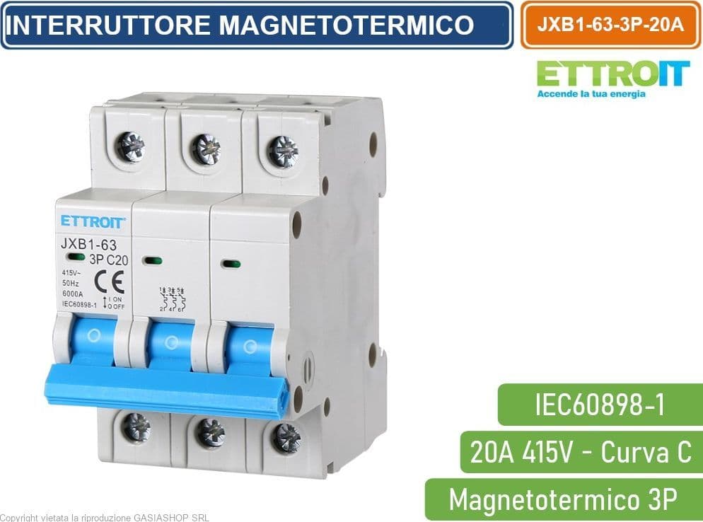 ETTROIT INTERRUTTORE MEGNETOTERMICO PER BARRA DIN 3 MODULI 3P 415V CURVA C 6KA 20A - 4