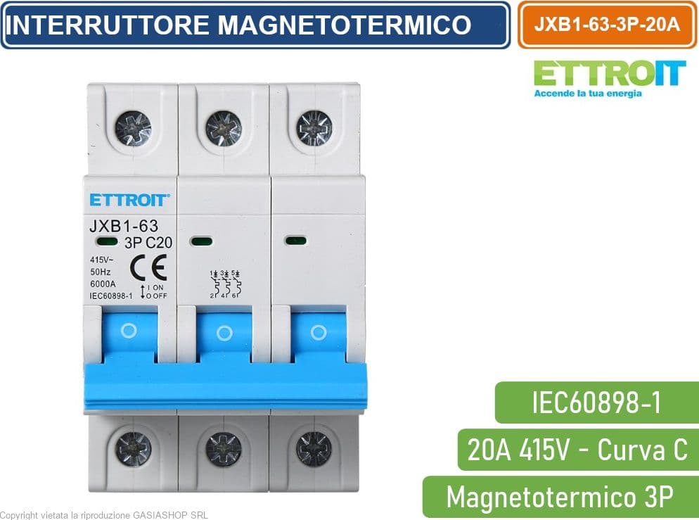ETTROIT INTERRUTTORE MEGNETOTERMICO PER BARRA DIN 3 MODULI 3P 415V CURVA C 6KA 20A - 2