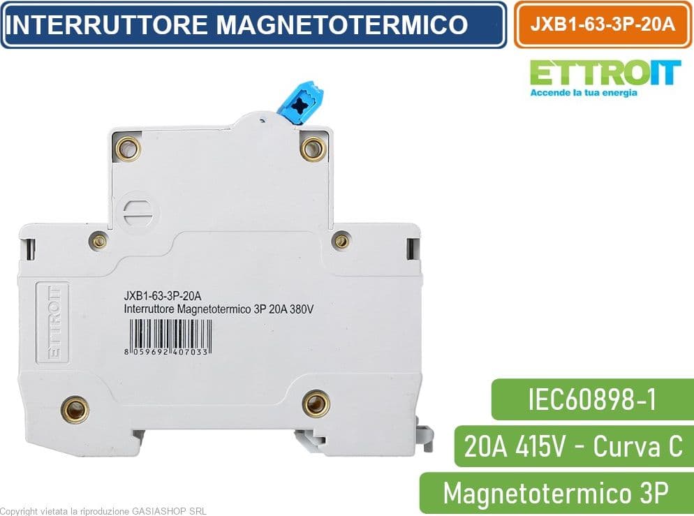 ETTROIT INTERRUTTORE MEGNETOTERMICO PER BARRA DIN 3 MODULI 3P 415V CURVA C 6KA 20A - 3