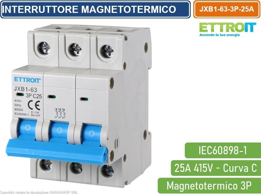 ETTROIT INTERRUTTORE MEGNETOTERMICO PER BARRA DIN 3 MODULI 3P 415V CURVA C 6KA 25A - 4