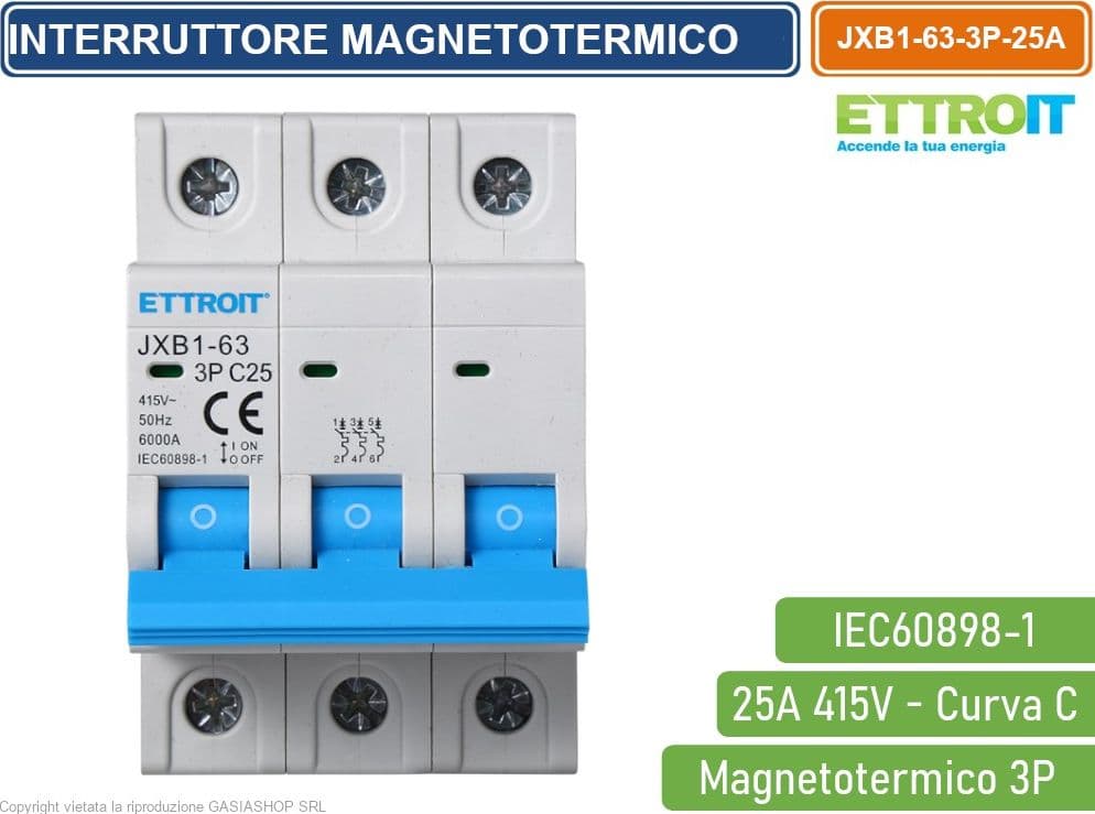 ETTROIT INTERRUTTORE MEGNETOTERMICO PER BARRA DIN 3 MODULI 3P 415V CURVA C 6KA 25A - 2