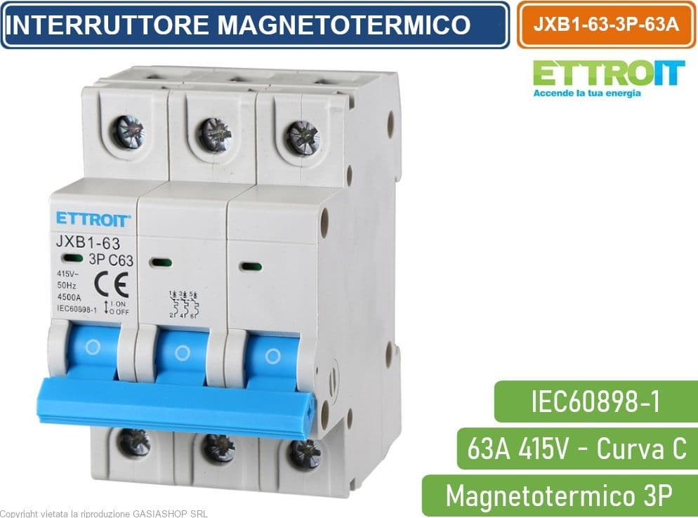 ETTROIT INTERRUTTORE MEGNETOTERMICO PER BARRA DIN 3 MODULI 3P 415V CURVA C 4.5KA 63A - 4