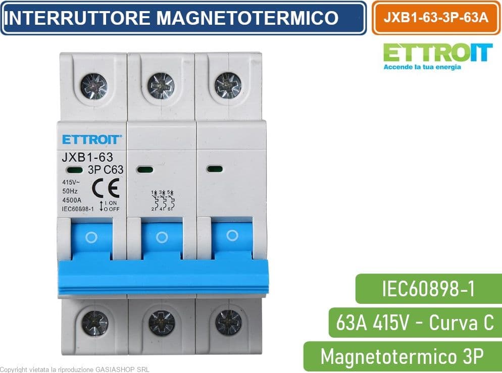 ETTROIT INTERRUTTORE MEGNETOTERMICO PER BARRA DIN 3 MODULI 3P 415V CURVA C 4.5KA 63A - 2