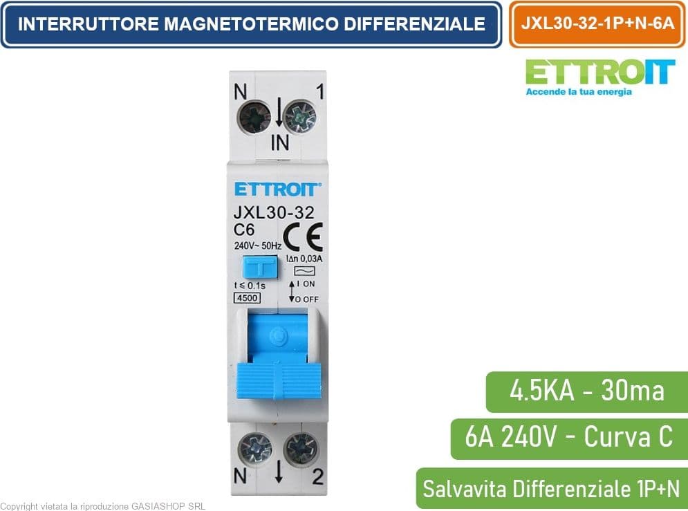 ETTROIT INTERRUTTORE MAGNETOTERMICO DIFFERENZIALE SALVAVITA PER BARRA DIN 1 MODULO 1P+N 6A C6 240V 30mA 4.5KA - 2