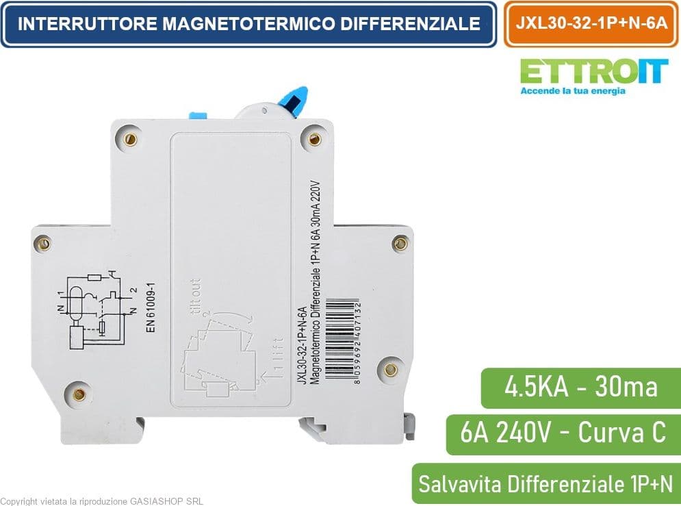 ETTROIT INTERRUTTORE MAGNETOTERMICO DIFFERENZIALE SALVAVITA PER BARRA DIN 1 MODULO 1P+N 6A C6 240V 30mA 4.5KA - 3