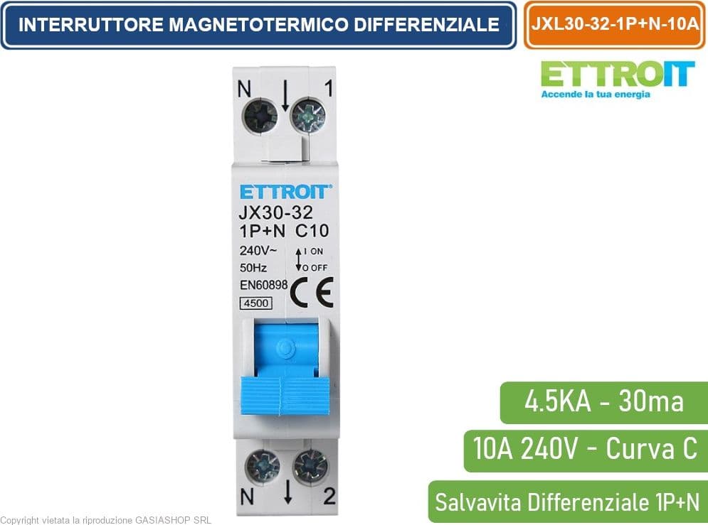 ETTROIT INTERRUTTORE MAGNETOTERMICO DIFFERENZIALE SALVAVITA PER BARRA DIN 1 MODULO 1P+N 10A C10 240V 30mA 4.5KA - 2