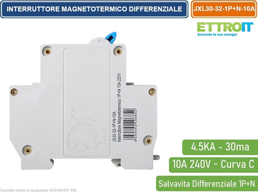 ETTROIT INTERRUTTORE MAGNETOTERMICO DIFFERENZIALE SALVAVITA PER BARRA DIN 1 MODULO 1P+N 10A C10 240V 30mA 4.5KA - 3