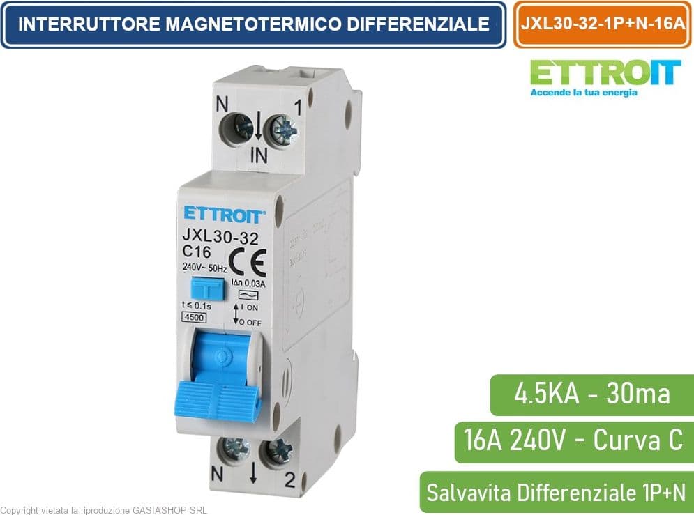 ETTROIT INTERRUTTORE MAGNETOTERMICO DIFFERENZIALE SALVAVITA PER BARRA DIN 1 MODULO 1P+N 16A C16 240V 30mA 4.5KA