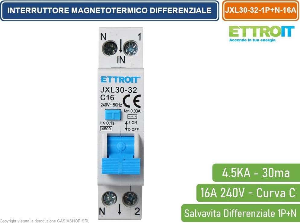 ETTROIT INTERRUTTORE MAGNETOTERMICO DIFFERENZIALE SALVAVITA PER BARRA DIN 1 MODULO 1P+N 16A C16 240V 30mA 4.5KA - 2