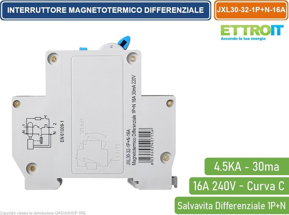 ETTROIT INTERRUTTORE MAGNETOTERMICO DIFFERENZIALE SALVAVITA PER BARRA DIN 1 MODULO 1P+N 16A C16 240V 30mA 4.5KA - 3