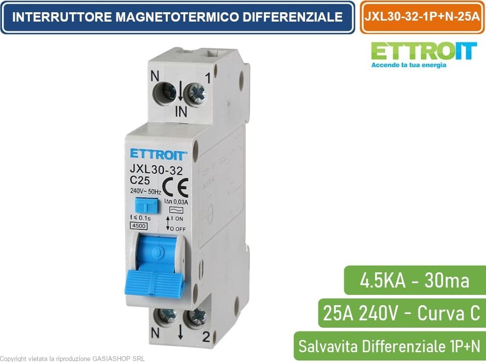 ETTROIT INTERRUTTORE MAGNETOTERMICO DIFFERENZIALE SALVAVITA PER BARRA DIN 1 MODULO 1P+N 25A C25 240V 30mA 4.5KA