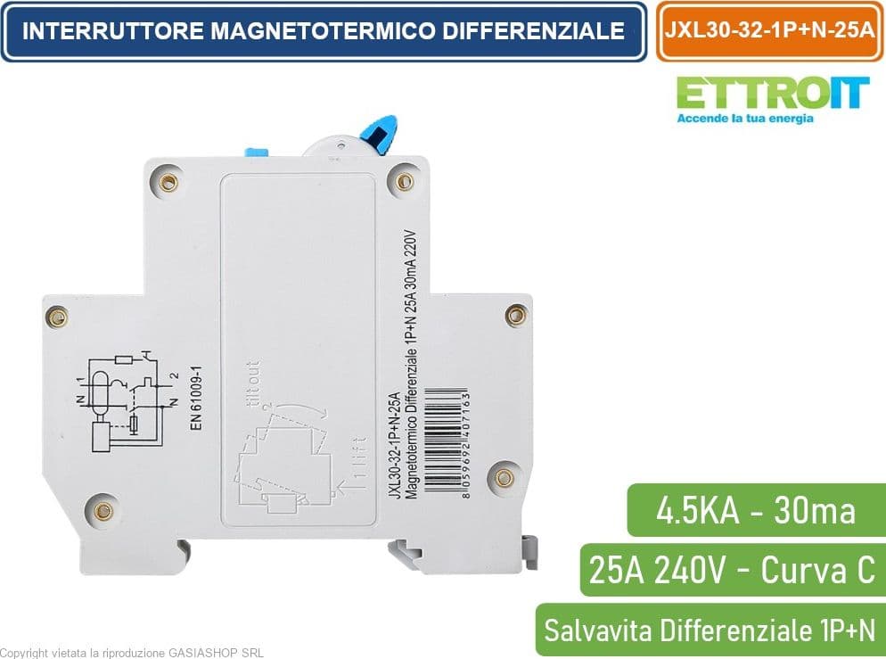 ETTROIT INTERRUTTORE MAGNETOTERMICO DIFFERENZIALE SALVAVITA PER BARRA DIN 1 MODULO 1P+N 25A C25 240V 30mA 4.5KA - 3