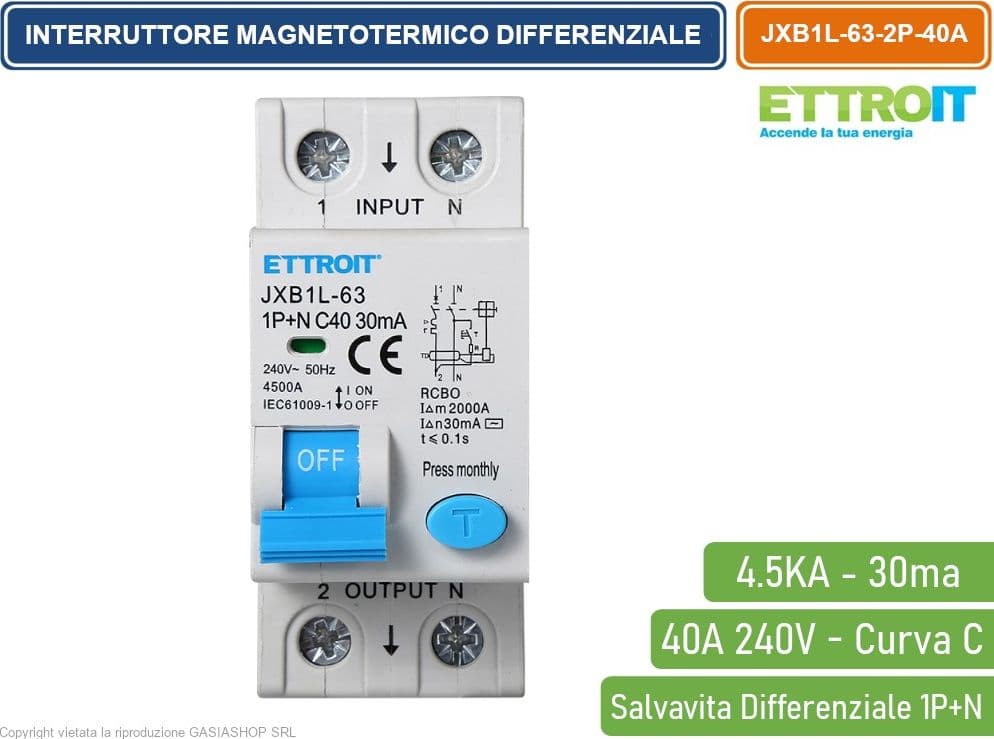 ETTROIT INTERRUTTORE MAGNETOTERMICO DIFFERENZIALE SALVAVITA PER BARRA DIN 2 MODULI 1P+N 40A C40 240V 30mA 4.5KA - 2