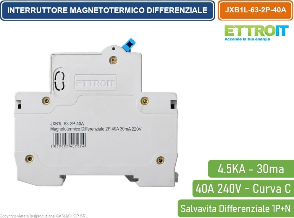 ETTROIT INTERRUTTORE MAGNETOTERMICO DIFFERENZIALE SALVAVITA PER BARRA DIN 2 MODULI 1P+N 40A C40 240V 30mA 4.5KA - 3