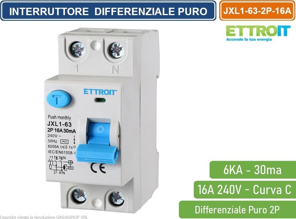 ETTROIT INTERRUTTORE DIFFERENZIALE PURO SALVAVITA PER BARRA DIN 2 MODULI 2P 16A 240V 30mA 6KA - 4