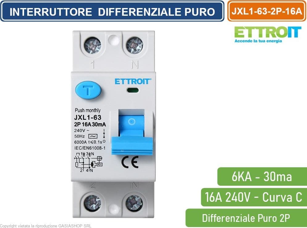 ETTROIT INTERRUTTORE DIFFERENZIALE PURO SALVAVITA PER BARRA DIN 2 MODULI 2P 16A 240V 30mA 6KA - 2